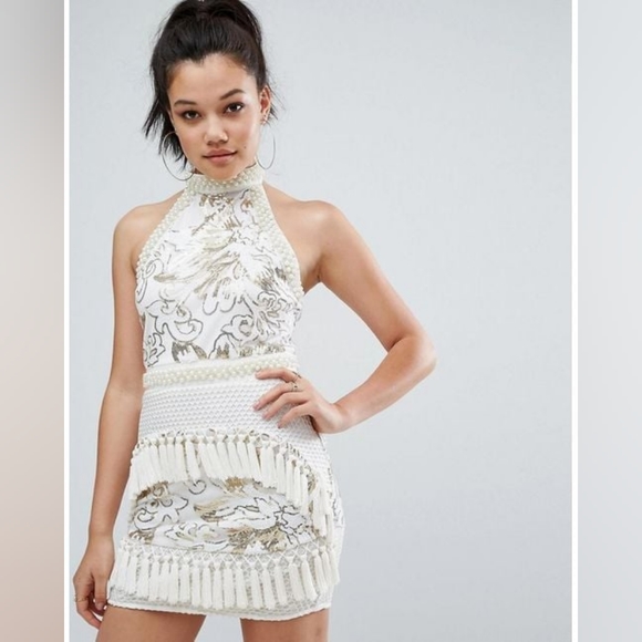 PrettyLittleThing Charlyia White Halterneck Sequin Tassel Bodycon Dress - Picture 6 of 10